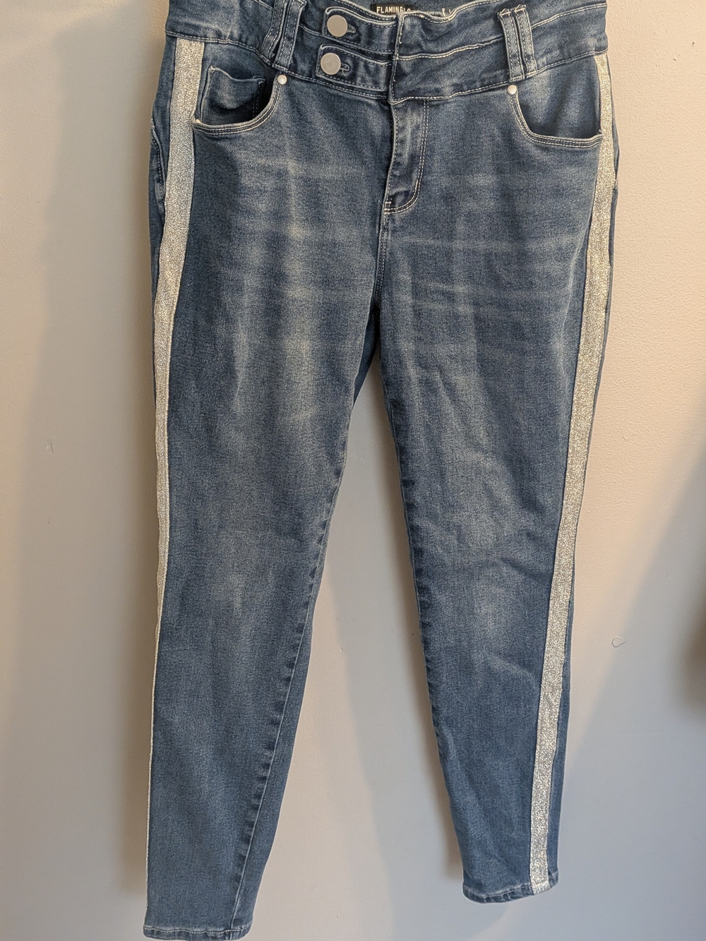 Flamingals Sparkle Side Stripe High Rise Double Button Skinny Jeans Size L